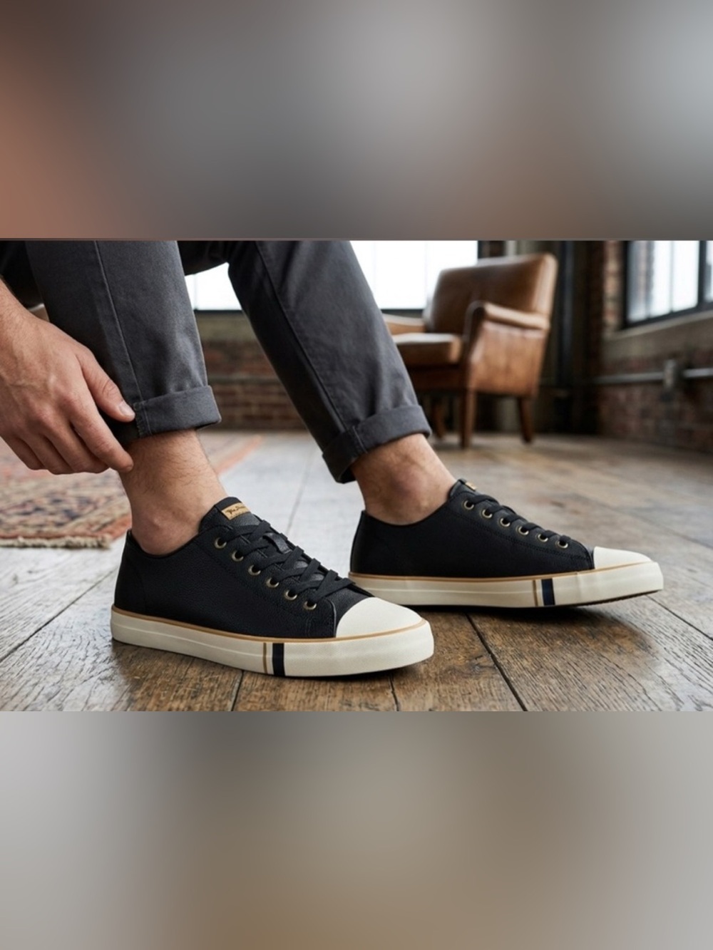 Ben Sherman Black Canvas Low-Top Sneakers with Cream Sole. Size:10
